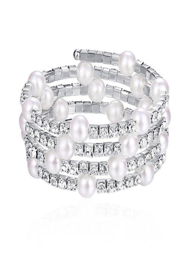 Kicomvi Imitition Pearl Stretch Bracelet Multilayer Crystals Pearl Elastic Bangle for Women Wedding Jewelry 1920s Costume-G Sliver - Image 1